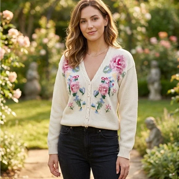 Take 50% OFF- Max Studio Cream Floral V-Neck Button-Up Cardigan, Size-S - Picture 13 of 13